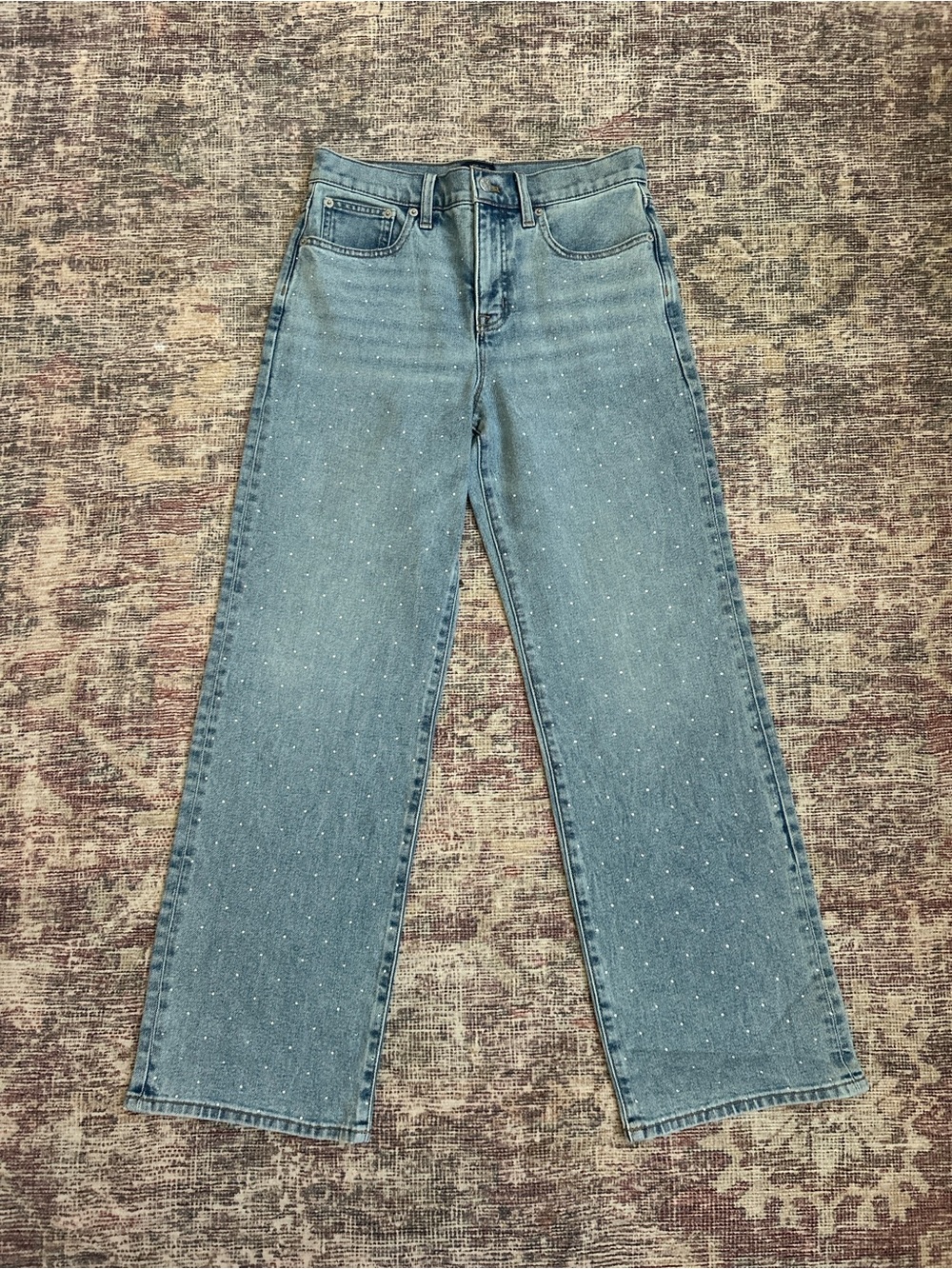 J. Crew Light Blue Wide-Leg Jeans with Gem Pattern